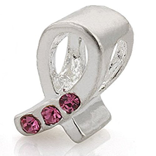 Pink  Crystals Ribbon Awarness European Bead Compatible for Most European Snake Chain Charm Bracelet - Sexy Sparkles Fashion Jewelry - 1