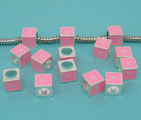 "X" Letter Square Charm Beads Pink Enamel European Bead Compatible for Most European Snake Chain Charm Braceletss - Sexy Sparkles Fashion Jewelry - 2