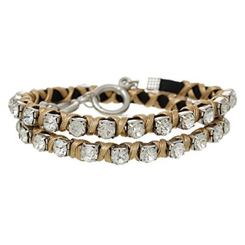 Cowhide Leather Toggle Clasp Bracelet Golden Clear Rhinestone 42cm(16 4/8") - Sexy Sparkles Fashion Jewelry - 1