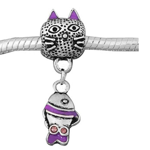 Cat With Fish Charm for European Snake Chain Charm Bracelets