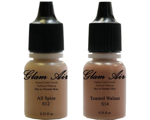 Airbrush Makeup Foundation Satin S12 All Spice and S14 Toasted Walnut Water-based Makeup Lasting All Day 0.25 Oz Bottle By Glam Air - Sexy Sparkles Fashion Jewelry - 1