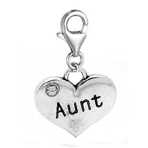 Clip on Aunt Two Sided Heart Charm Pendant for European Jewelry w/ Lobster Clasp