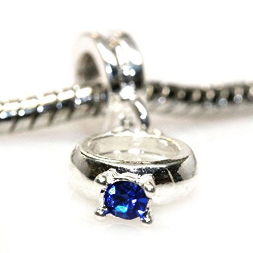 Royal Blue  Rhinestone Engagement Ring Dangle Charm European Bead Compatible for Most European Snake Chain Bracelet