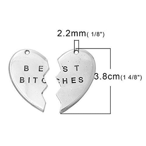Silver Tone BFF Best Bitches Split Heart Pendant for Necklace - Sexy Sparkles Fashion Jewelry - 2