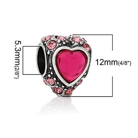 Heart W/  Crystals Charm Bead (Fuchsia) Charm Bead for Most European Snake Chain Bracelet - Sexy Sparkles Fashion Jewelry - 3