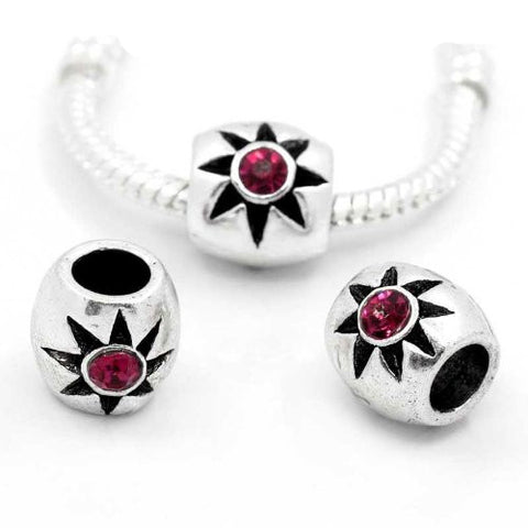European Charm Beads Column Antique Silver Flower Carved Red Rhinestone - Sexy Sparkles Fashion Jewelry - 3