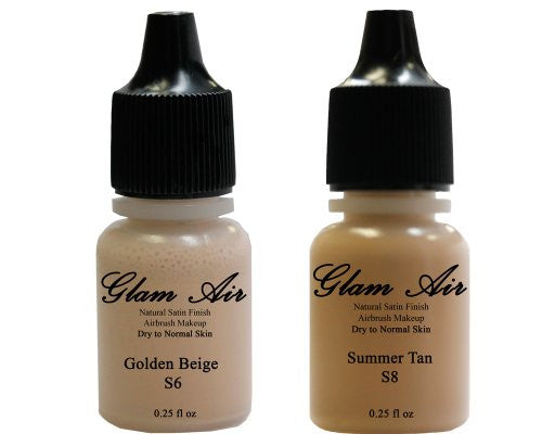Airbrush Makeup Foundation Satin S6 Golden Beige and S8 Summer Tan Water-based Makeup Lasting All Day 0.25 Oz Bottle By Glam Air