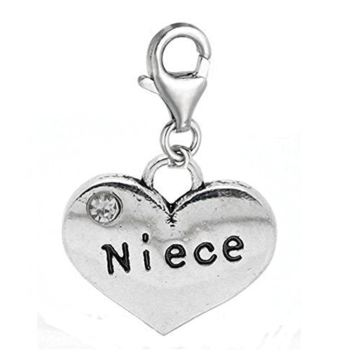 Clip on Niece Two Sided Heart Charm Pendant for European Jewelry w/ Lobster Clasp