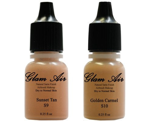 Airbrush Makeup Foundation Satin S9 Sunset Tan and S10 Golden Carmel Water-based Makeup Lasting All Day 0.25 Oz Bottle By Glam Air