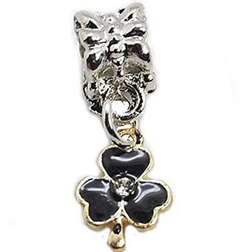 Black Enamel Flower with Rhinestone Crystals Charm European Bead Compatible for Most European Snake Chain Bracelet