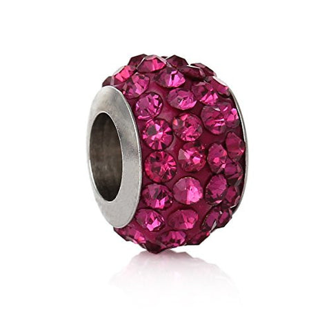 Stainless Steel European Style Charm Beads Round Silver Tone Fuchsia Rhinestone - Sexy Sparkles Fashion Jewelry - 1