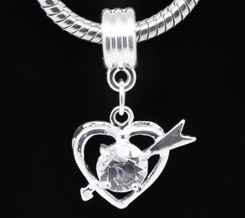Clear Rhinestone Qupid Heart Dangle Charm European Bead Compatible for Most European Snake Chain Bracelet - Sexy Sparkles Fashion Jewelry - 2
