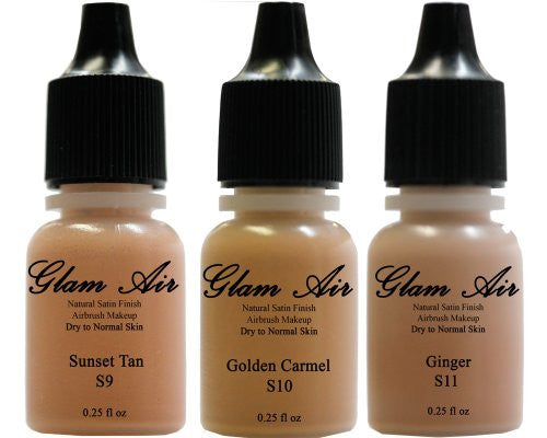 Glam Air Airbrush Water-based Foundation in Set of Three (3) Assorted Tan Satin Shades S9-S10-S11 0.25oz