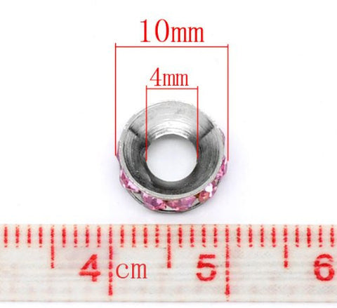 Silver Tone Pink Rhinestone Rondelle Spacer Beads Fit European Bracelet - Sexy Sparkles Fashion Jewelry - 3
