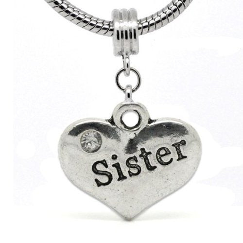 2 Sided Heart Charm (Sister)Spacer Bead for European Snake Chain Charm Bracelet - Sexy Sparkles Fashion Jewelry