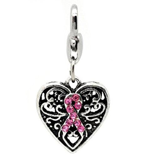 Pink Ribbon Awareness Heart Clip on Pendant for European Charm Jewelry w/ Lobster Clasp - Sexy Sparkles Fashion Jewelry - 1
