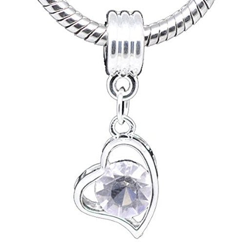 April Heart Birthstone with Clear Rhinestone charm for European Snake chain charm bracelet