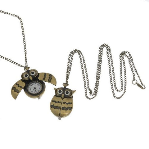 Bronze Owl Pocket Watch with Chain Necklace Wings Open and Close Battery Included - Sexy Sparkles Fashion Jewelry - 3