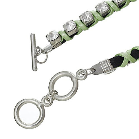 Cowhide Leather Toggle Clasp Bracelet Green Clear Rhinestone 42cm(16 4/8") - Sexy Sparkles Fashion Jewelry - 3