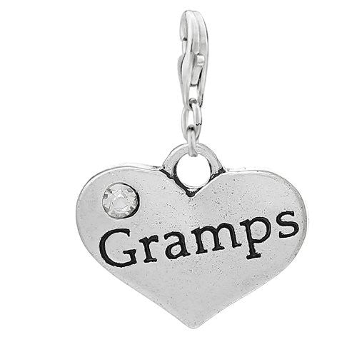 Clip on Heart Dangle 2 Sided Gramps Clear Rhinestones Pendant for Bracelet or necklace