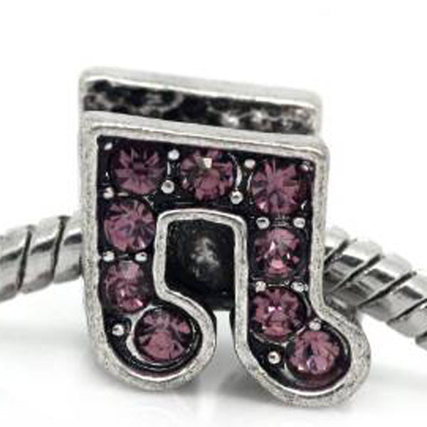 Rhinestone Music Note Charm Bead Spacer for Snake Charm Bracelets (Amethyst)