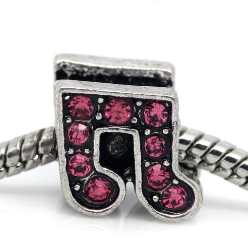 Rhinestone Music Note Charm Bead Spacer for Snake Charm Bracelets (Dark pink)
