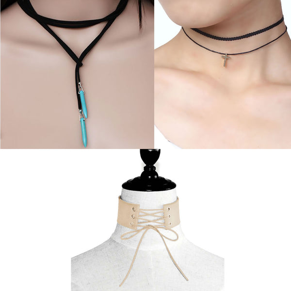 Sexy Sparkles Set of 3 Velvet Corset Choker Necklace for Women Girls Gothic Choker Bolo Tie Chokers