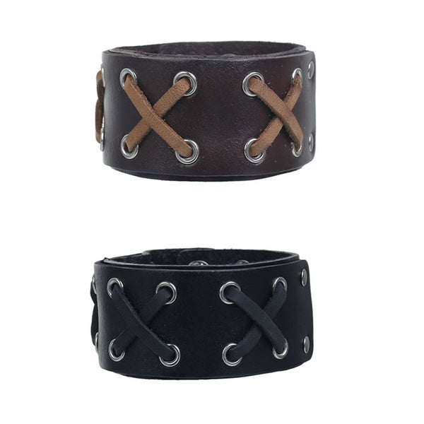 Set of 2 Mens Genuine Real Leather Wrist Bracelet Wide Casual Wristband Cuff Bangle Adjustable - Sexy Sparkles Fashion Jewelry - 1