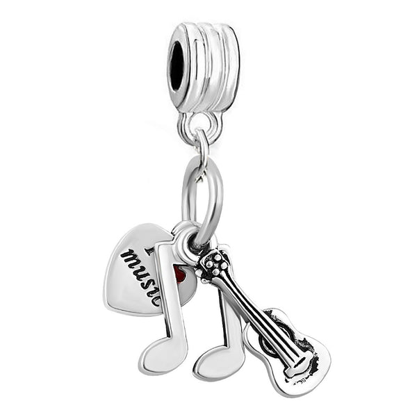 SEXY SPARKLES Musical Note Guitar inch I love Musicinch  Charm Spacer Bead Dangling European Compatible