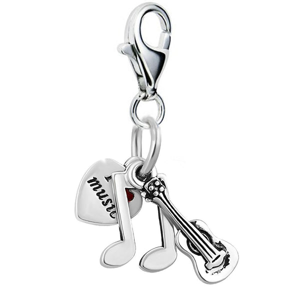 SEXY SPARKLES Musical Note Guitar inch I love Musicinch  Charm for European Clip on Jewelry w/ Lobster Clasp