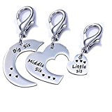 Sexy Sparkles 3Pc Charms, Big Sis, Middle Sis & Little Sis Clip on Lobster Claw Clasp Jewelry for Bracelets or Necklace