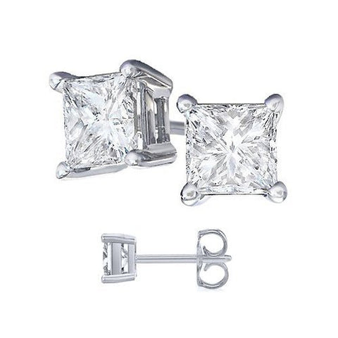 Unisex 925 Sterling Silver Princess Cubic Zirconia Square White Cz Stud Earrings. Solid Basket Settings - Sexy Sparkles Fashion Jewelry - 2