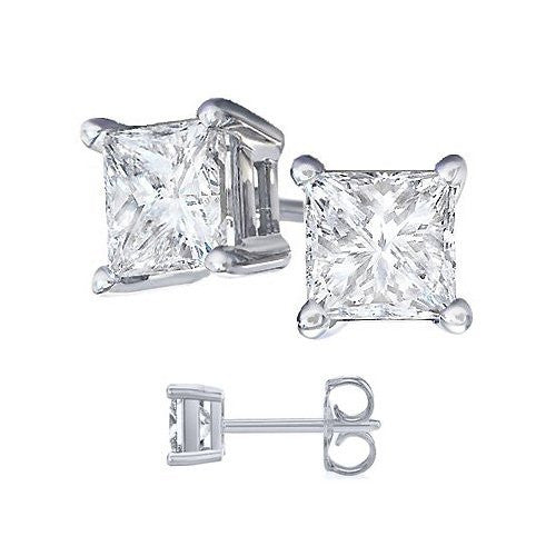 Unisex 925 Sterling Silver Princess Cubic Zirconia Square White Cz Stud Earrings. Solid Basket Settings