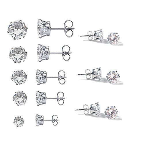 Sexy Sparkles 8 Pairs Women's Stainless Steel Round Clear Cubic Zirconia Stud Earring 4mm -11mm