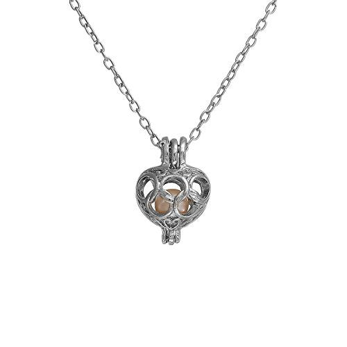 Sexy Sparkles Pearl and Hollow Heart Locket Necklace Silver Tone
