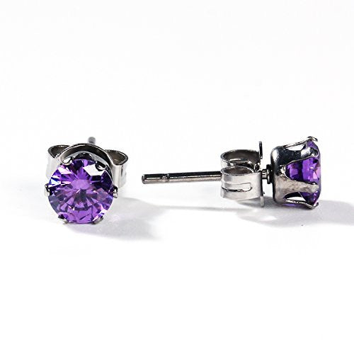 Sexy Sparkles Women's 6mm Stainless Steel Round Purple Cubic Zirconia Stud Earring Silver Plated