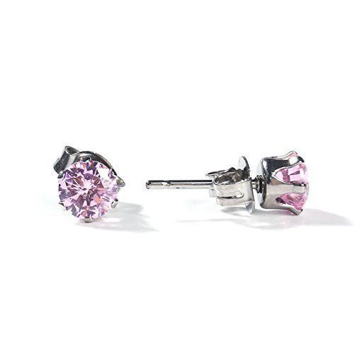 Sexy Sparkles Women's 6mm Stainless Steel Round Pink Cubic Zirconia Stud Earring Silver Plated