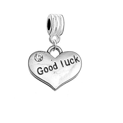 Sexy Sparkles inch Good Luckinch  Heart Charm W/Clear Rhinestones Dangling Spacer European Charm Bracelet and Necklace Compatible
