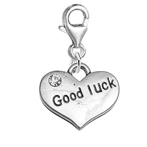 Sexy Sparkles inch Good Luck inch  Heart Charm W/Clear Rhinestones Clip on Lobster Claw Clasp Charm for Bracelet and Necklace