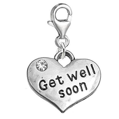 Sexy Sparkles inch Get Well Sooninch  Heart Charm W/Clear Rhinestones Clip on Lobster Claw Clasp Charm for Bracelet and Necklace