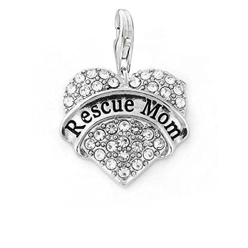 SEXY SPARKLES inch Rescue Mom inch  Heart Charm W/Clear Rhinestones Dog Lovers Clip on Lobster Claw Clasp Charm for Bracelet and Necklace