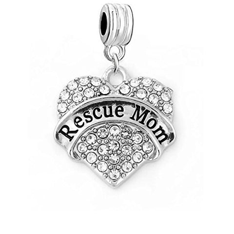SEXY SPARKLES inch Rescue Mom inch  Heart Charm W/Clear Rhinestones Spacer European Charm for Bracelet and Necklace Compatible