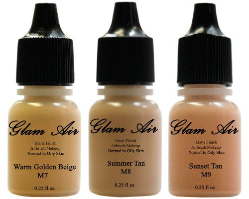 Set of Three (3) Airbrush Makeup Foundations Matte M7 Warm Golden Beige, M8 Summer Tan, M9 Sunset Tan Water-based Makeup Lasting All Day 0.25 Oz Bottle By Glam Air - Sexy Sparkles Fashion Jewelry - 1