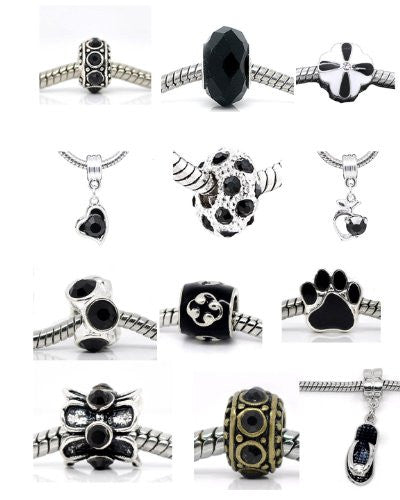 Ten (10) of Assorted Shades of Black Crystal Rhinestone & Solid Beads for Snake Chain Charm Bracelet - Sexy Sparkles Fashion Jewelry
