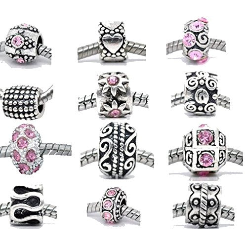 Ten (10) Rhinestone Charm Beads in Assorted s for Snake Chain Charm Bracelet Pink