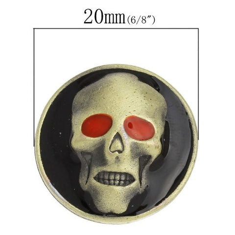 Chunk Snap Buttons Fit Chunk Bracelet Round Antique Bronze Enamel Red Halloween Skull Pattern - Sexy Sparkles Fashion Jewelry - 3