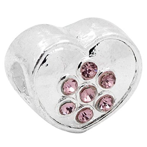 Heart W/pink  Rhinestones Charm European Bead Compatible for Most European Snake Chain Bracelet