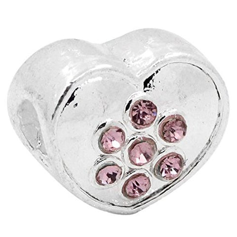 Heart W/pink  Rhinestones Charm European Bead Compatible for Most European Snake Chain Bracelet - Sexy Sparkles Fashion Jewelry - 1