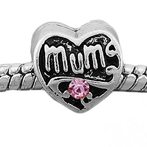 Mum Heart W/pink  Crystals European Bead Compatible for Most European Snake Chain Charm Bracelet