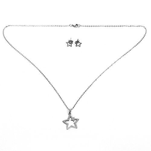 Sexy Sparkles Stainless Steel Pentagram Star Silver Tone Necklace and earring set for women